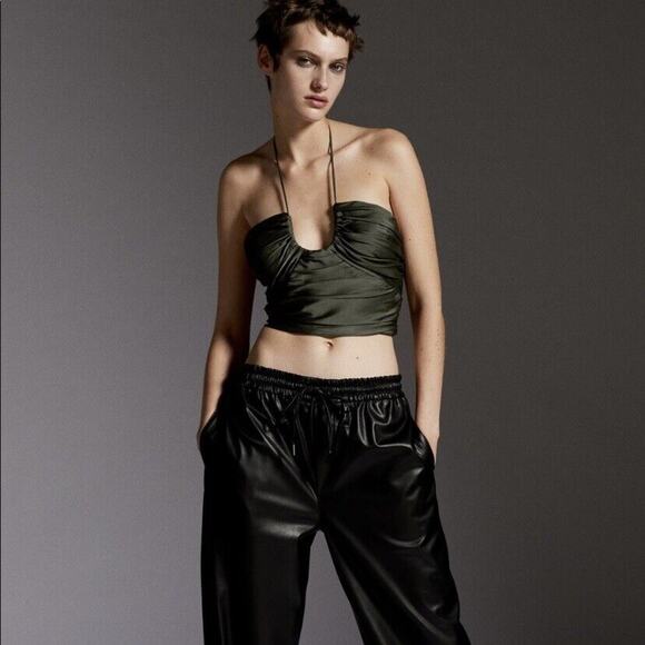 NEW Zara Satin Effect Draped Halter Top Womens M Crop Green Club Dance Date Glam - Picture 1 of 11